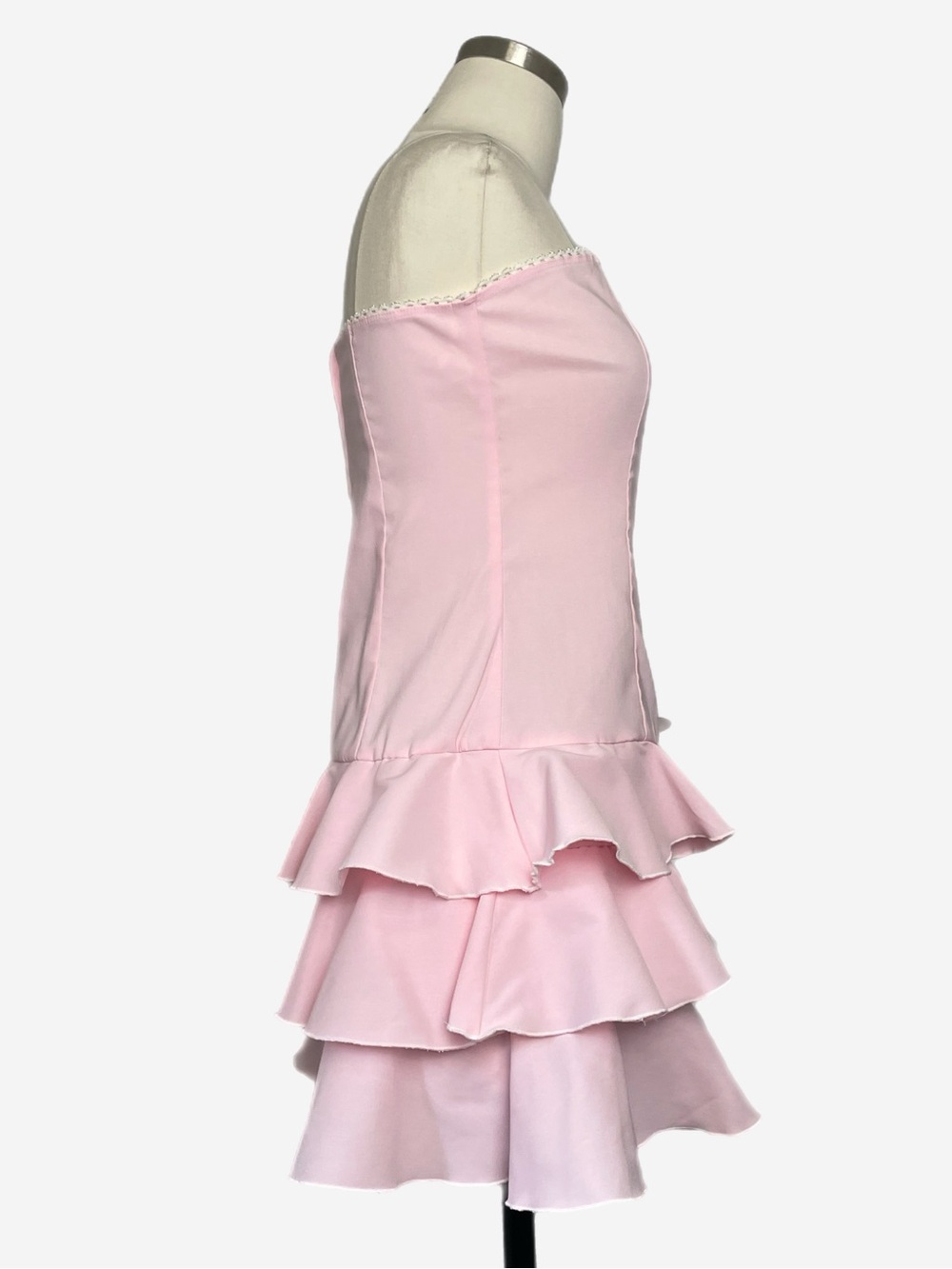 Vintage Y2K Luly K Pink strapless tiered ruffle mini dress lace bow coquette M - Picture 5 of 10